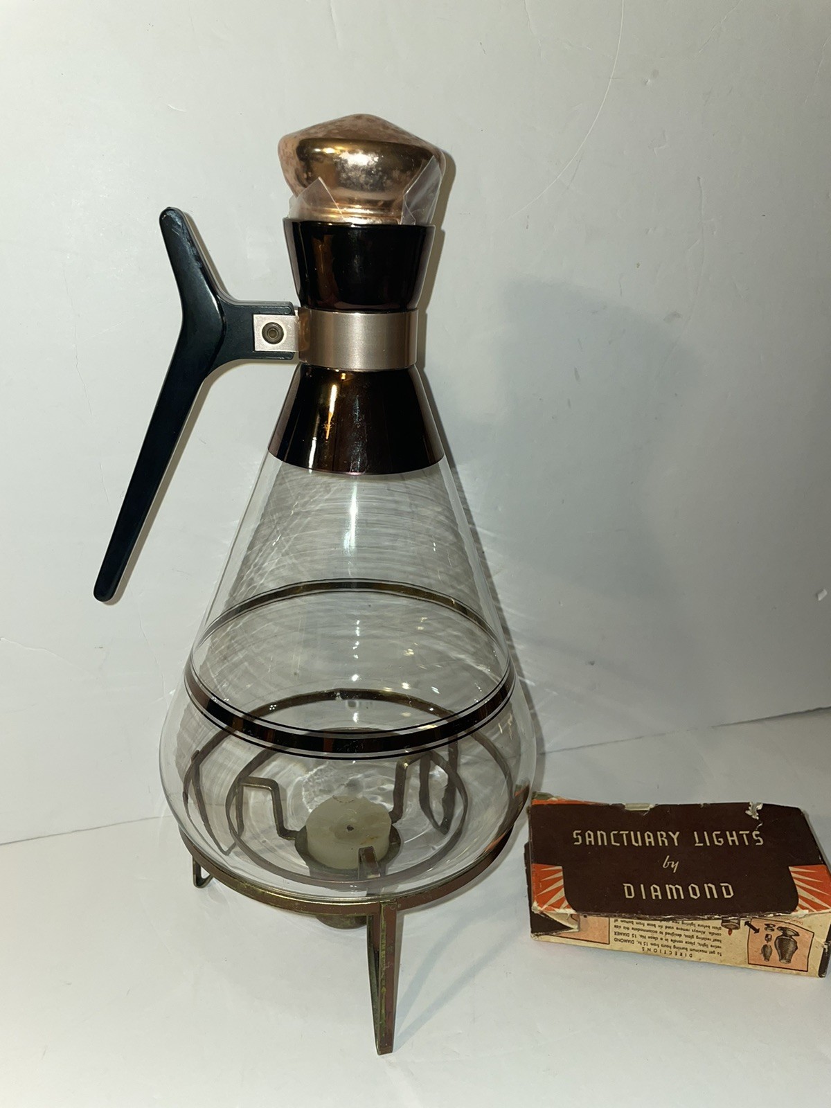 Vintage Mid Century MCM Atomic Inland Glass Coffee Carafe, Copper Warmer Set