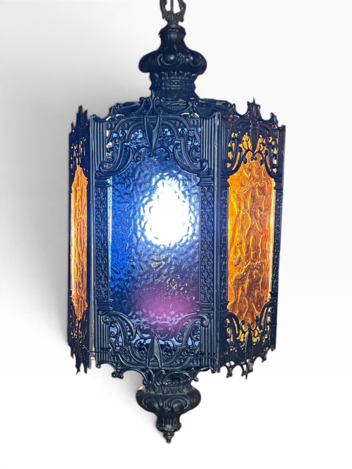 VTG MCM Spanish Revival Gothic Amber Hanging Swag Lamp Retro 1960's.Brass Metal 