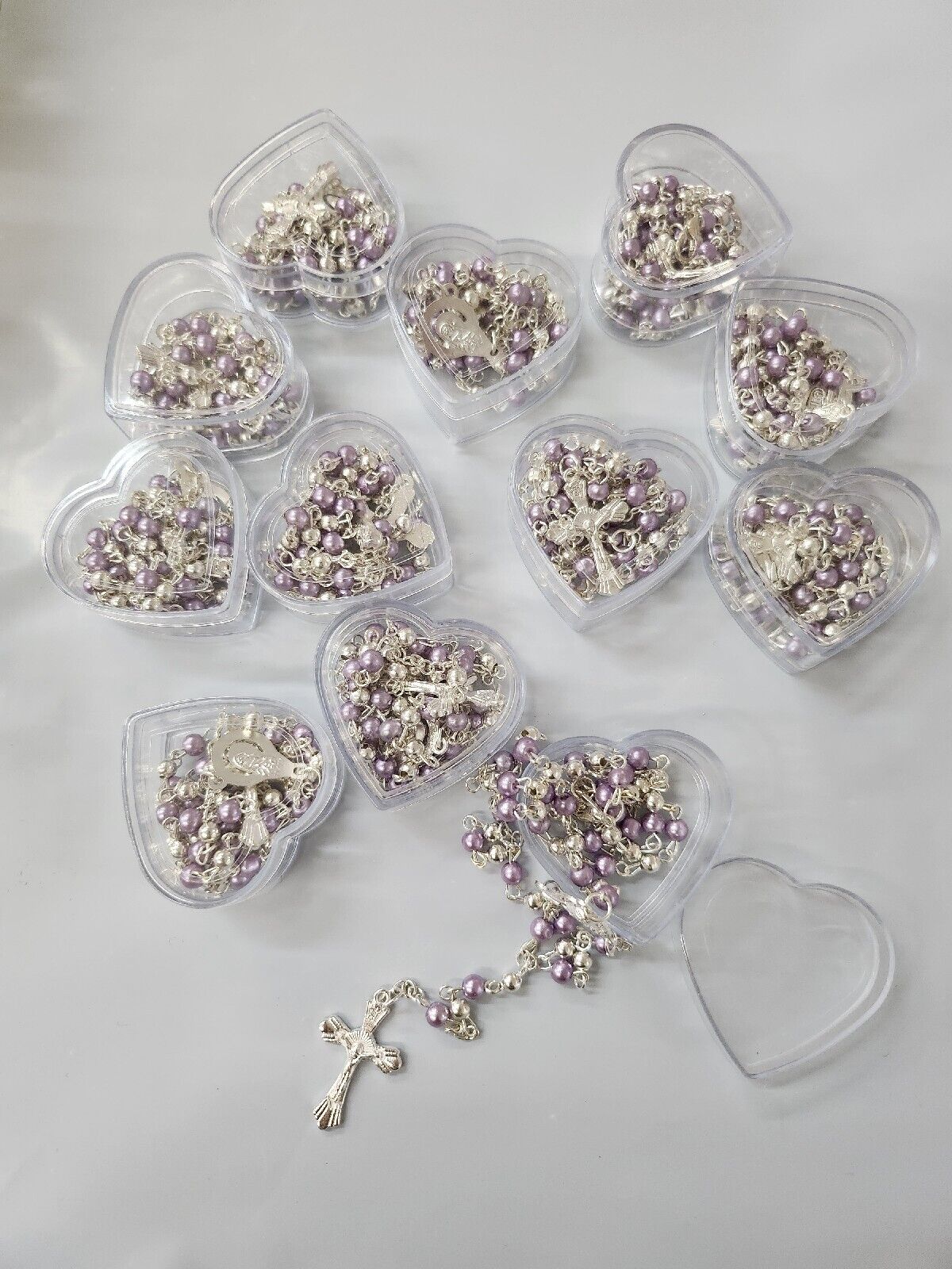12 x Wholesale Bulk purple  & silverFaux Pearl Rosaries for Baptism, Wedding, 