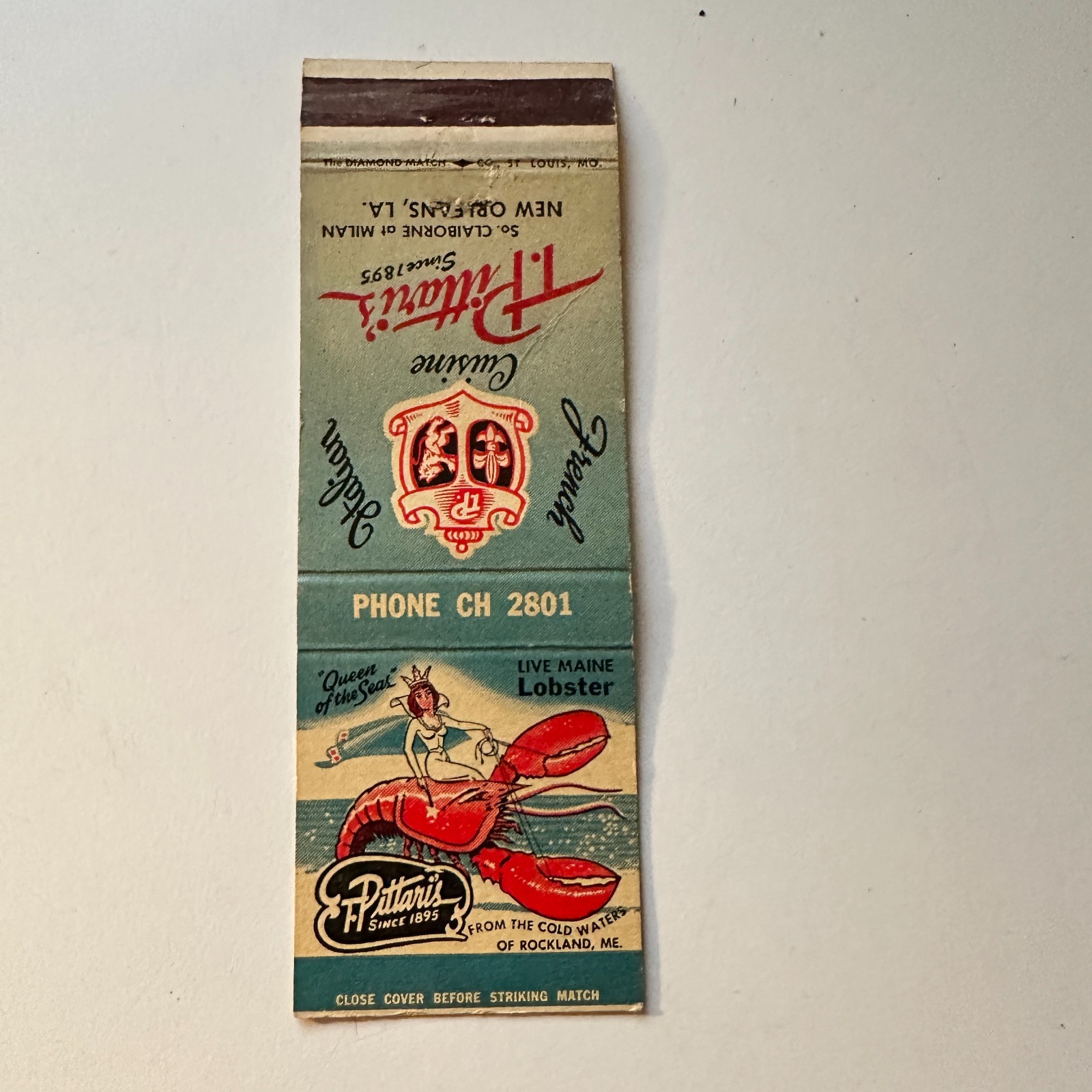 F. Pittari\'s Live Maine Lobster New Orleans LA Vintage Matchbook Cover 5MB125-1