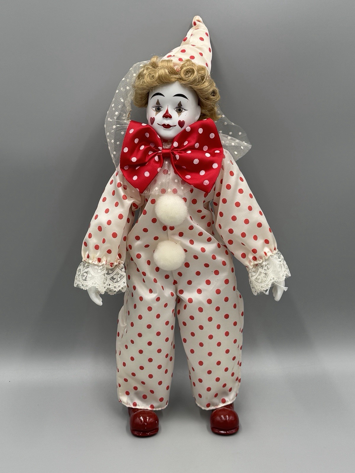 VINTAGE Porcelain Face Hands Clown Doll Polka Dot Suit Now Tie Red White 15”