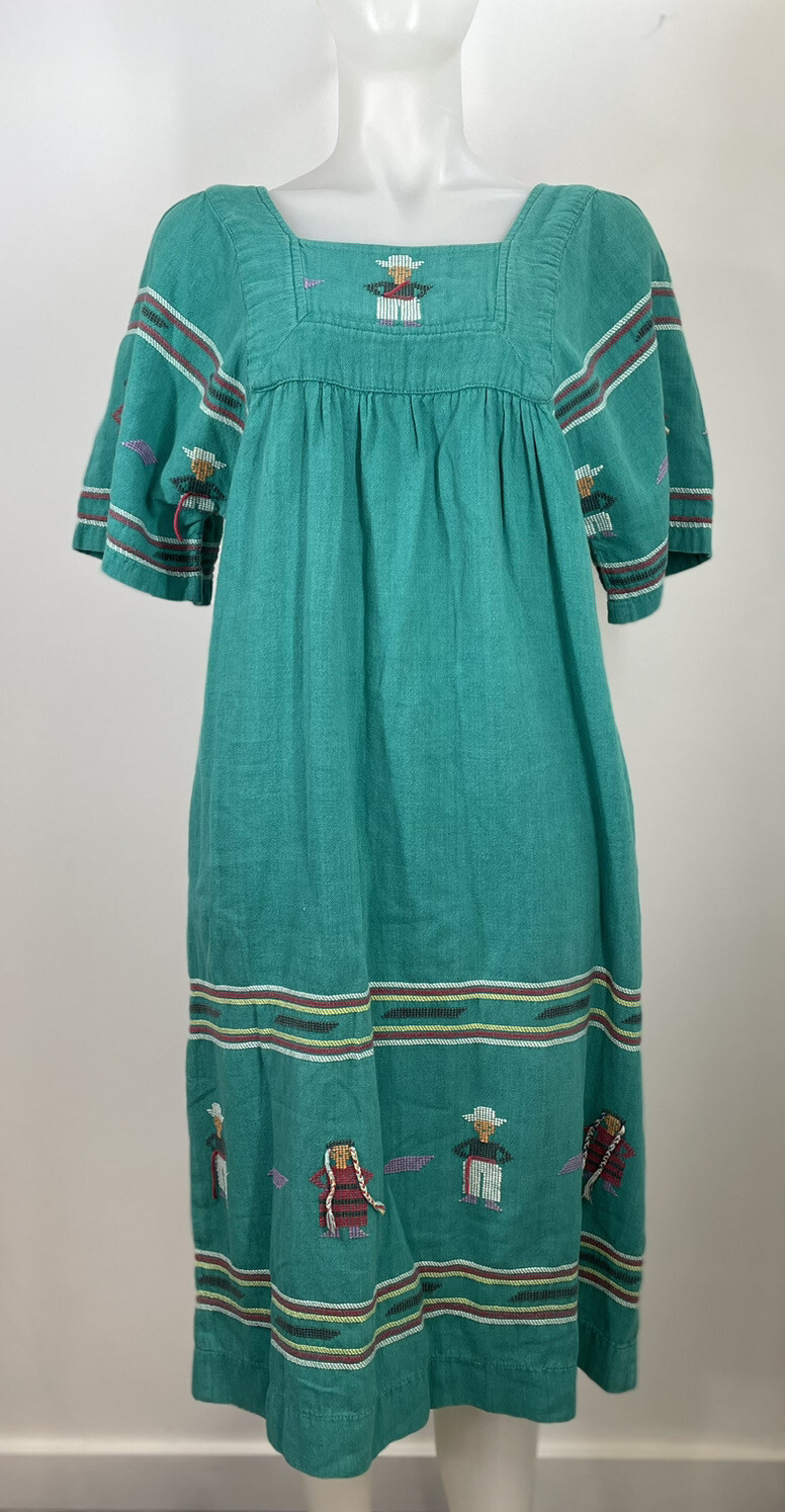 VTG Guatemala Peasant Dress Hand Woven Green Pockets SZ M