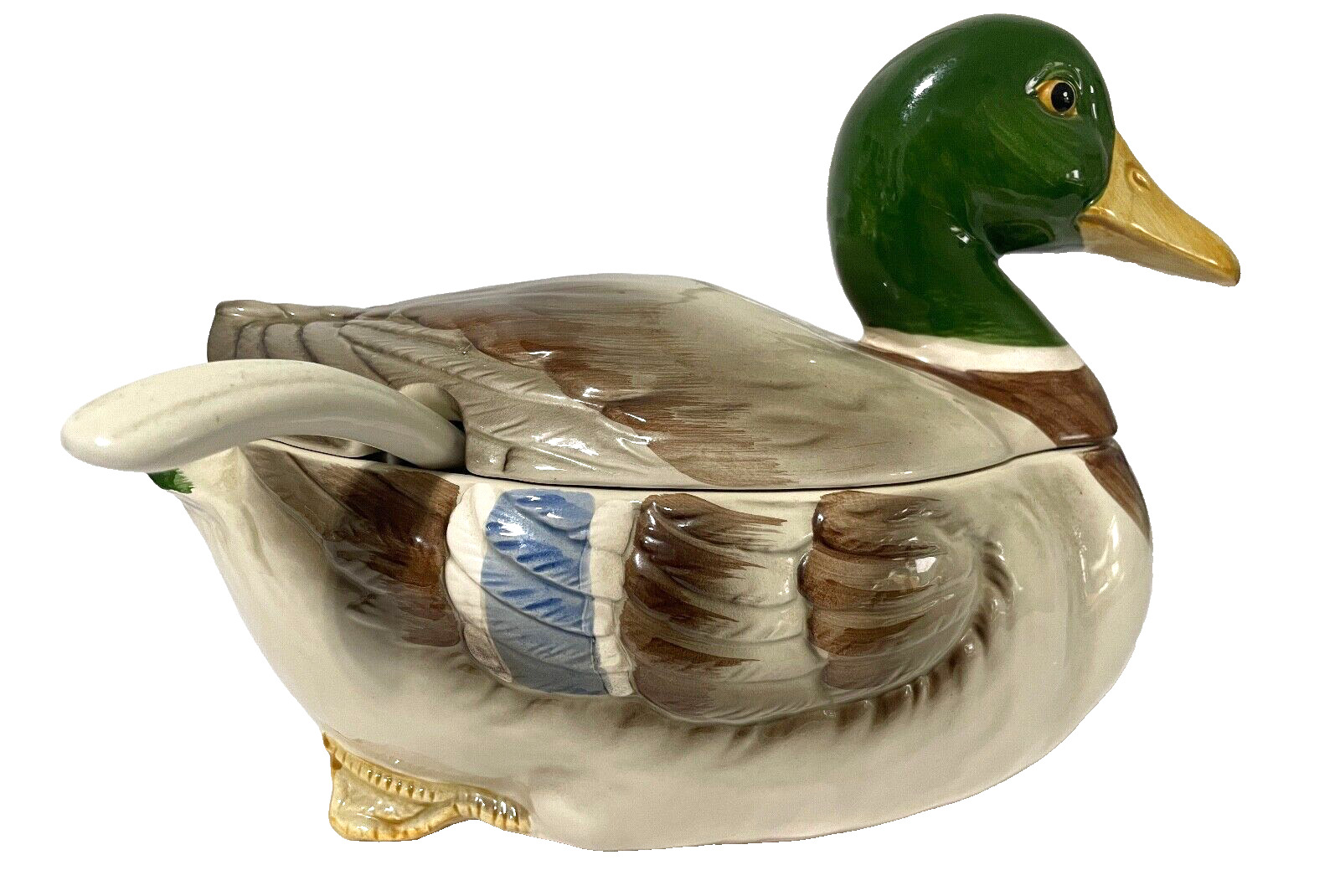 Vintage 1982 Otagiri Ceramic Covered Mallard Duck Serving Bowl With Ladle