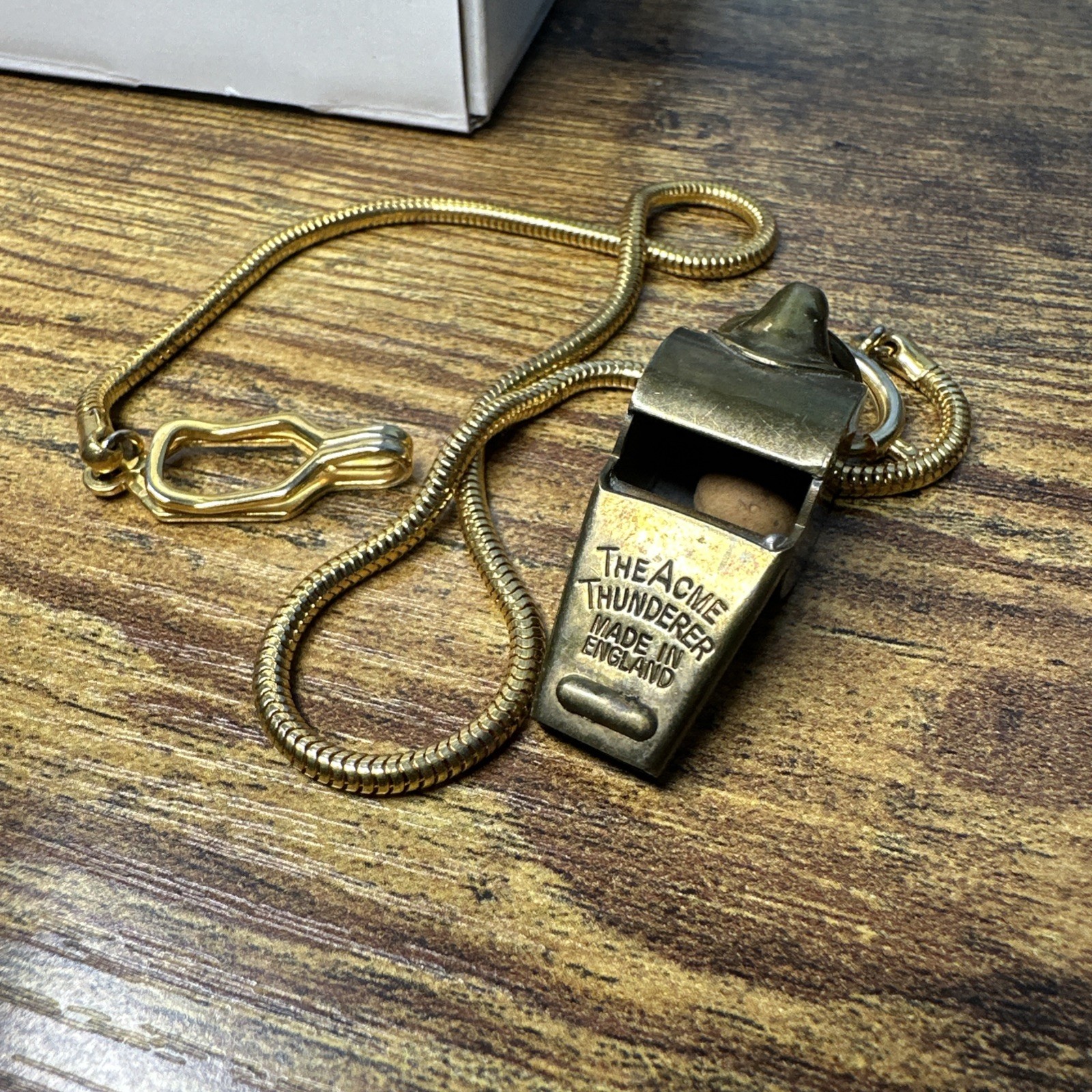 Vintage Brass Acme Thunderer Police Whistle Made in England With Snake Chain