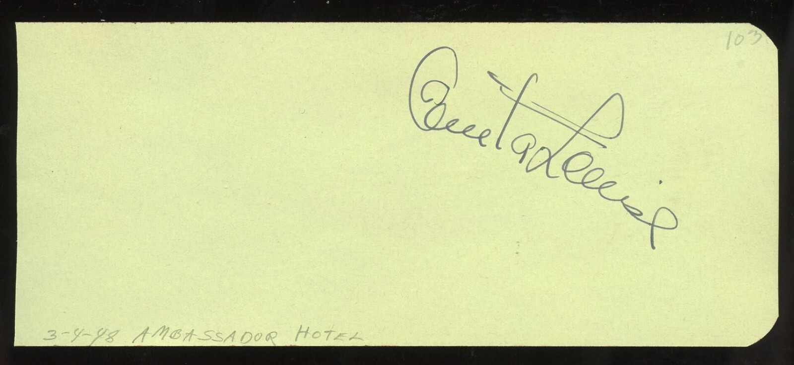 Anita Louise d1970 signed 2x5 cut autograph on 3-4-48 at Ambassador Hotel LA