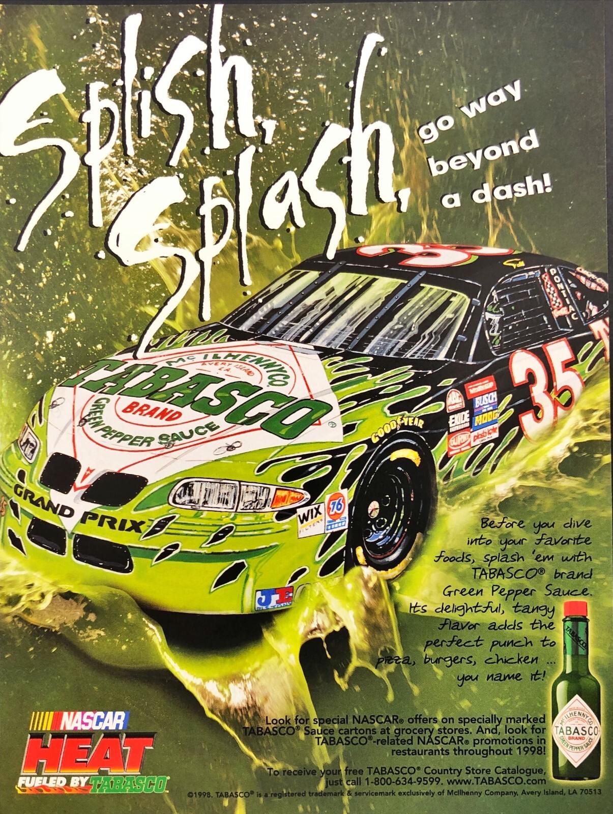 1998 Tabasco NASCAR Todd Bodine #35 Man Cave Vintage Print Ad