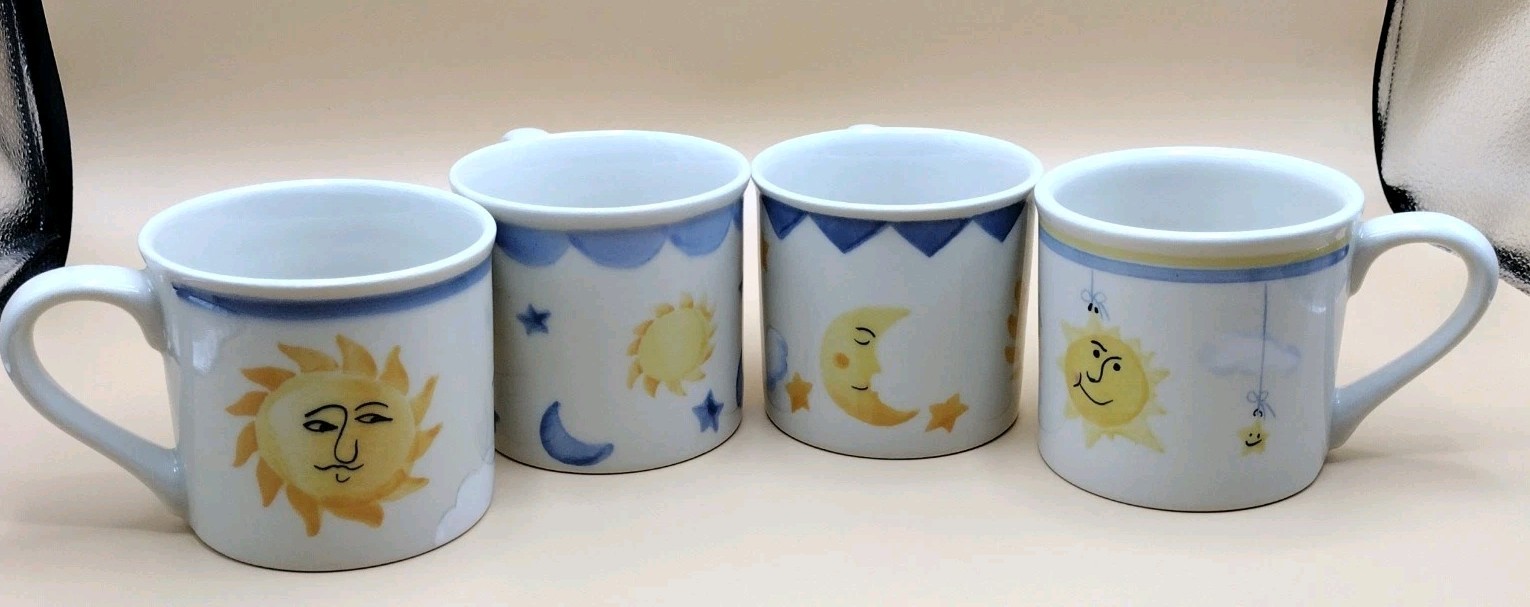 Starbucks Barista Hartstone Hand Painted Floral Mug Set of 4 USA Coffee Moon Sun
