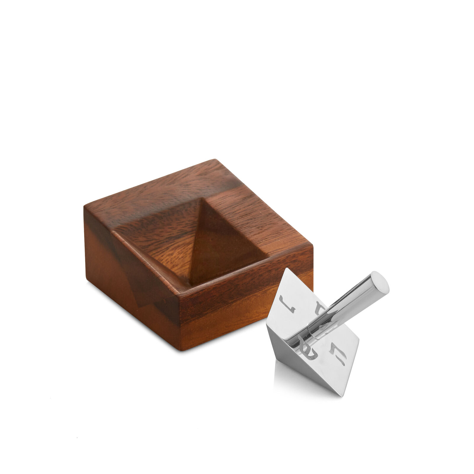 Nambe Geo Dreidel with Stand, Made of Nambe Alloy and Acacia Wood