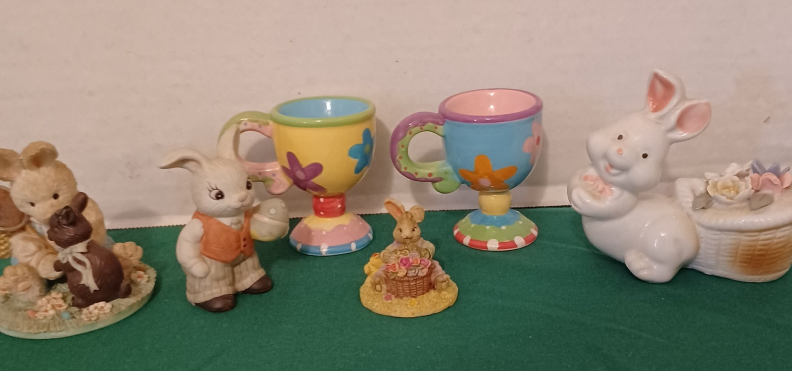 Vintage Easter Decor 2-Cracker Barrel Egg Cups, and 3 Bunny Rabbit Figurines