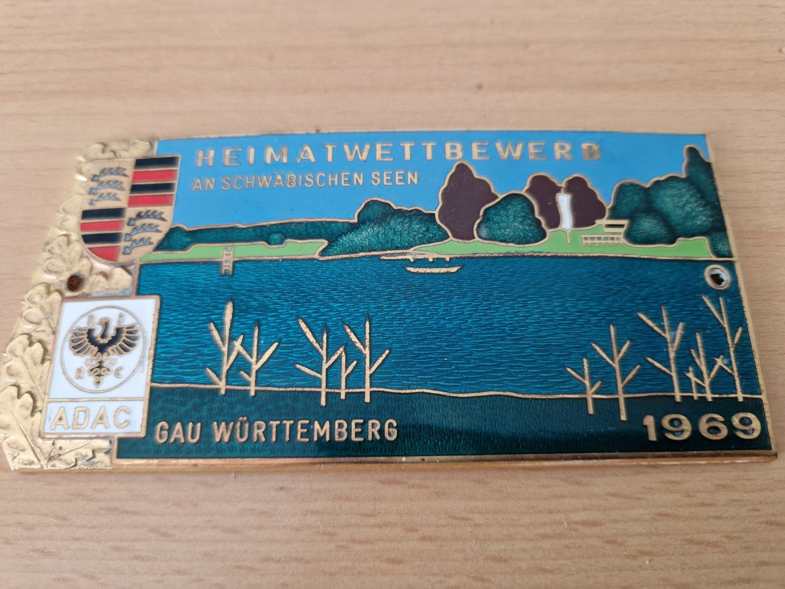 Beautiful RARE Vintage enameled RALLY BADGE Swabian lakes 1969, Porsche