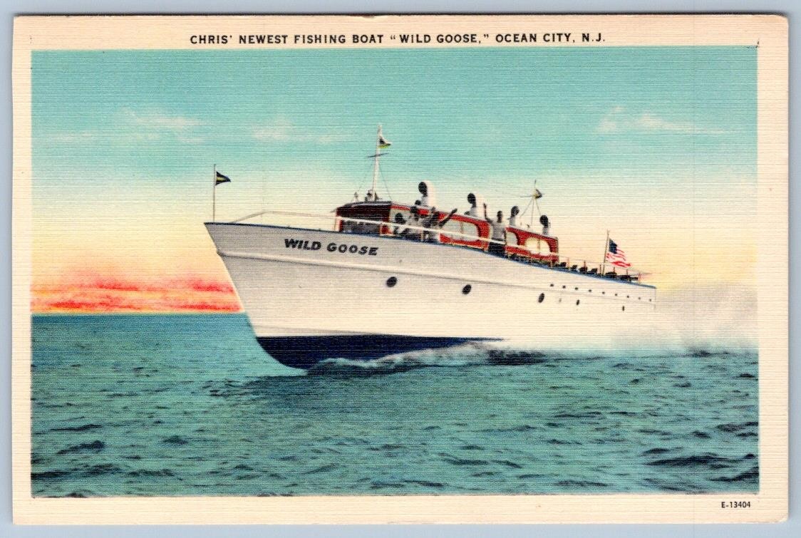 1940-60\'s CHRIS\' NEWEST FISHING BOAT WILD GOOSE OCEAN CITY NJ LINEN POSTCARD