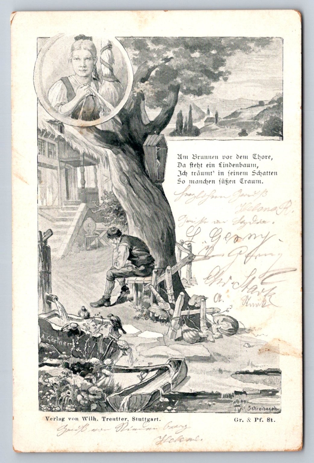 Vintage German Poem Postcard - Am Brunnen vor dem Thore Stuttgart 1898