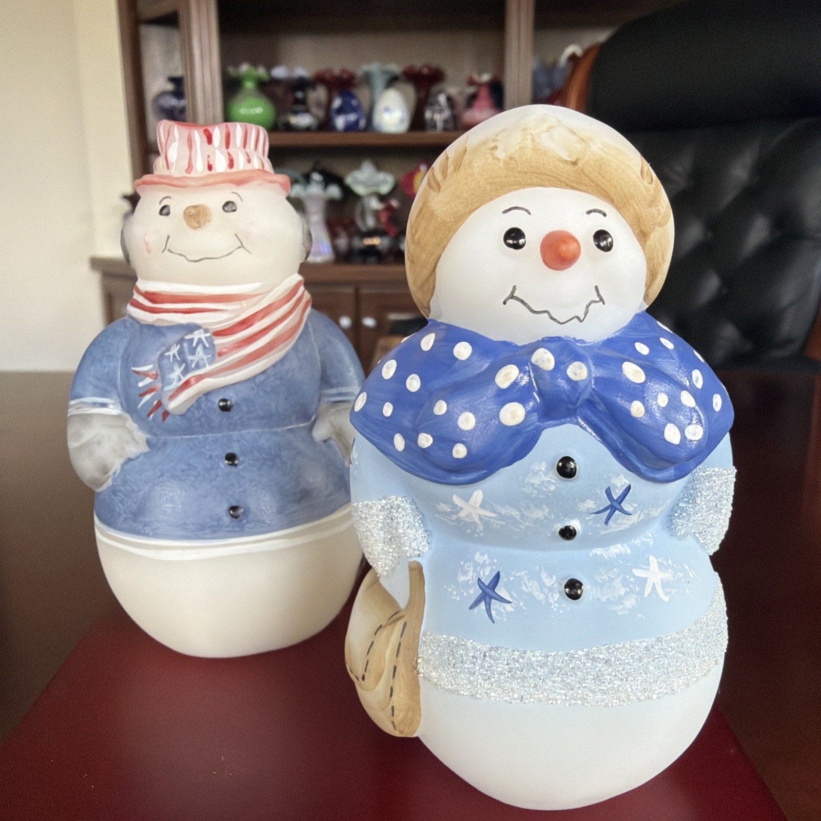Adorable Fenton Frosty & Friend Snowman & Snowlady Patriotic Hand Painted Signed