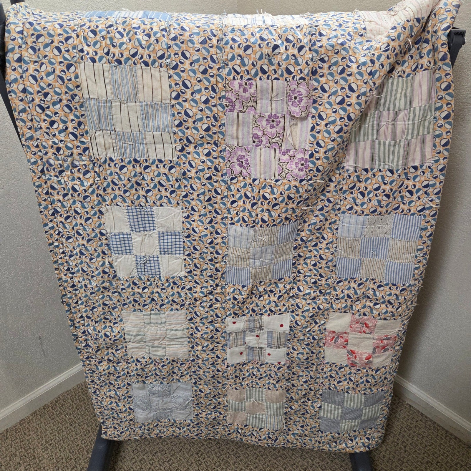 Vintage Handmade Patchwork Tied Quilt Multi Pattern Scrappy 64x84 Farmhouse Fair