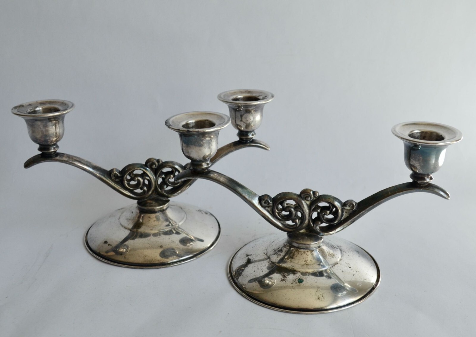 Oneida Vintage Silverplated Double Arm Taper Candlestick Holders Pair