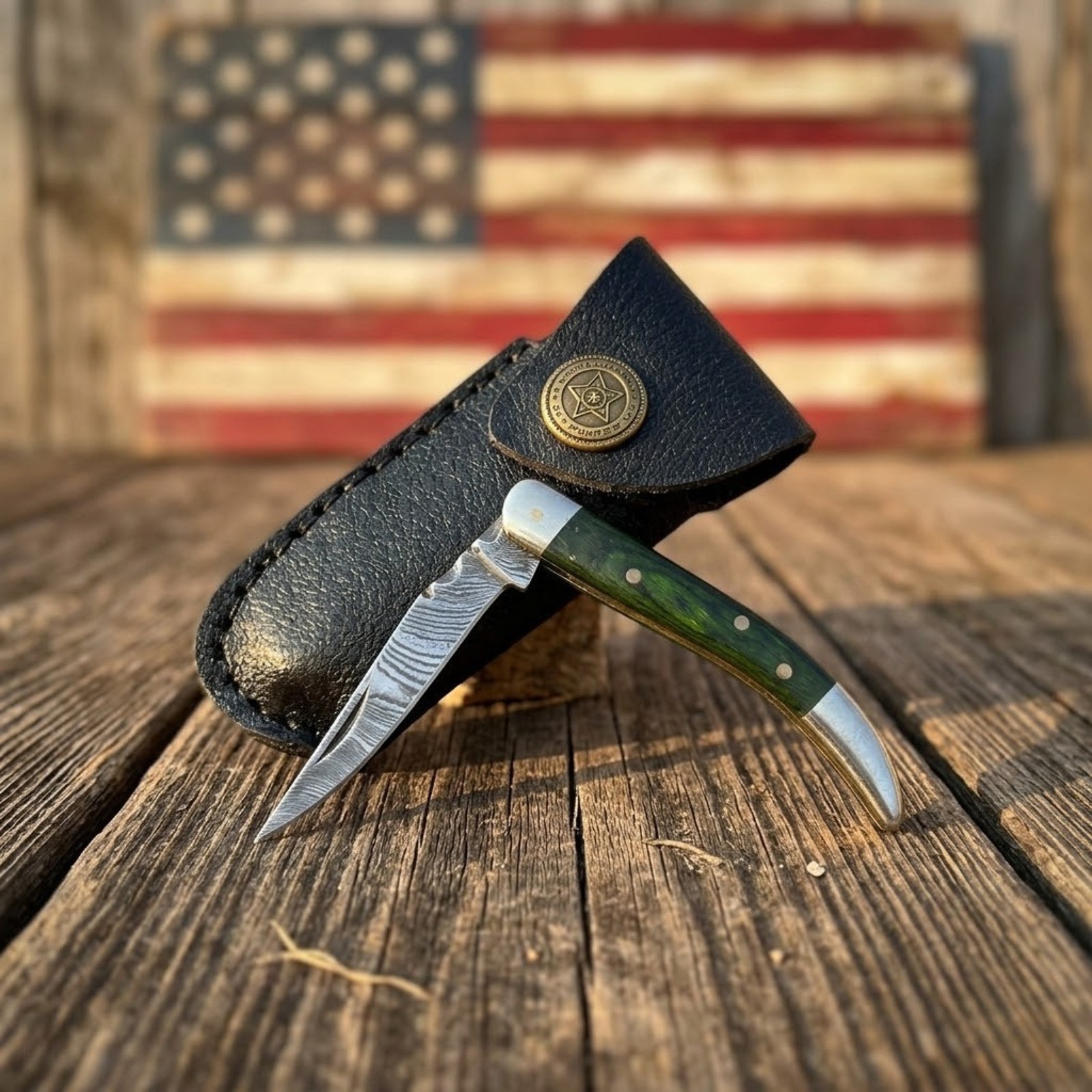Damascus EDC Pocket Knife Texas ToothPick Folder Green Wood Handle W/ Sheath