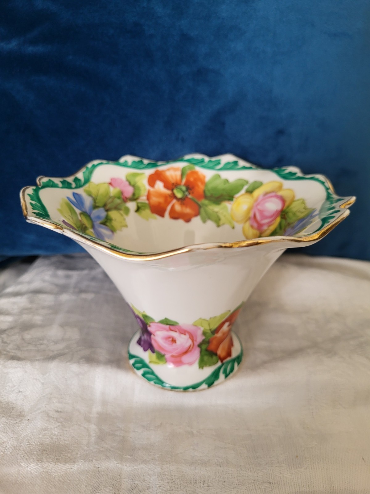 Antique Saxe porcelain handpainted floral bowl vase