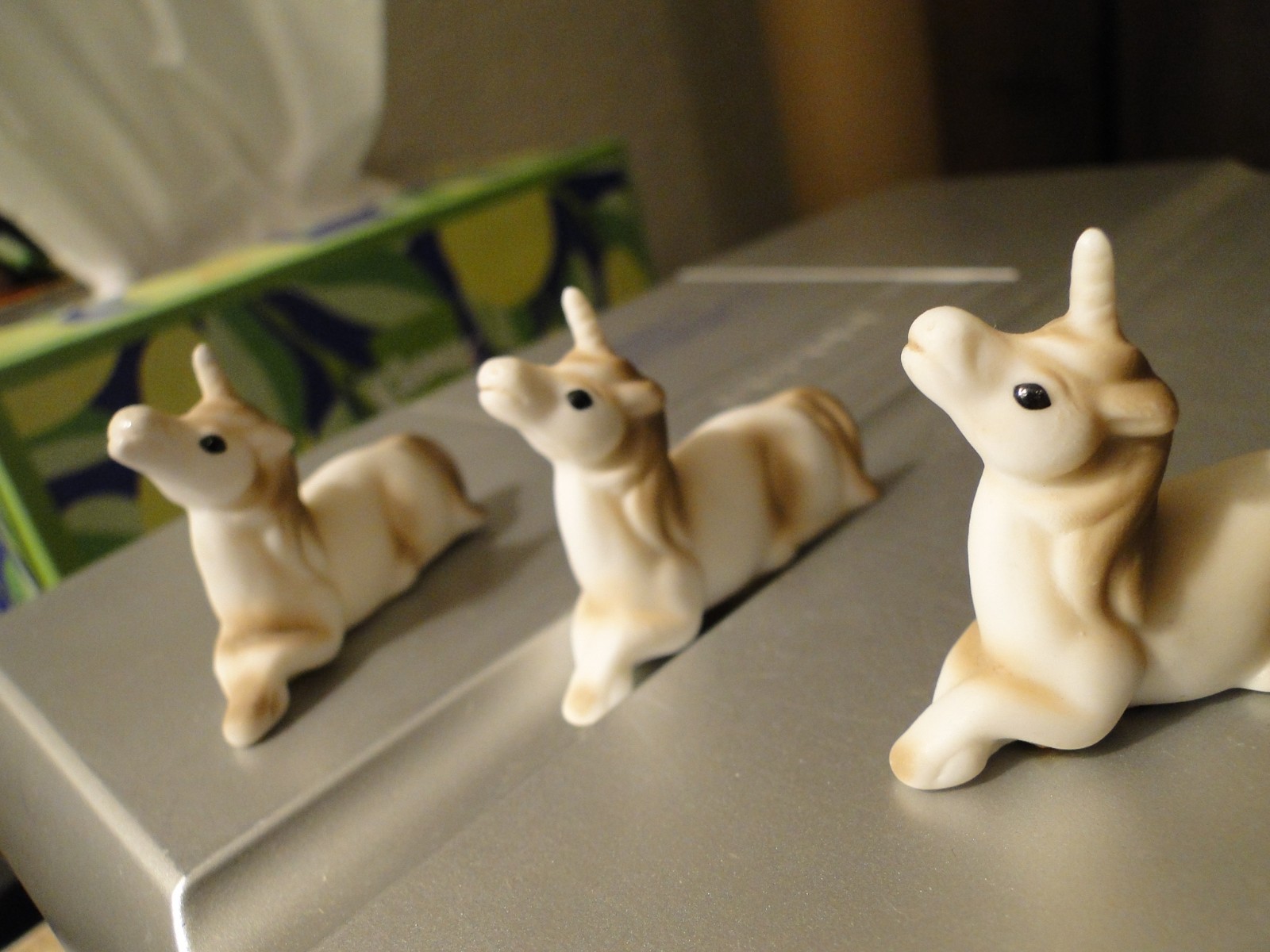3 Matching Tiny Unicorn Figurines, Made Taiwan, Bisque Material, 1&7/8\