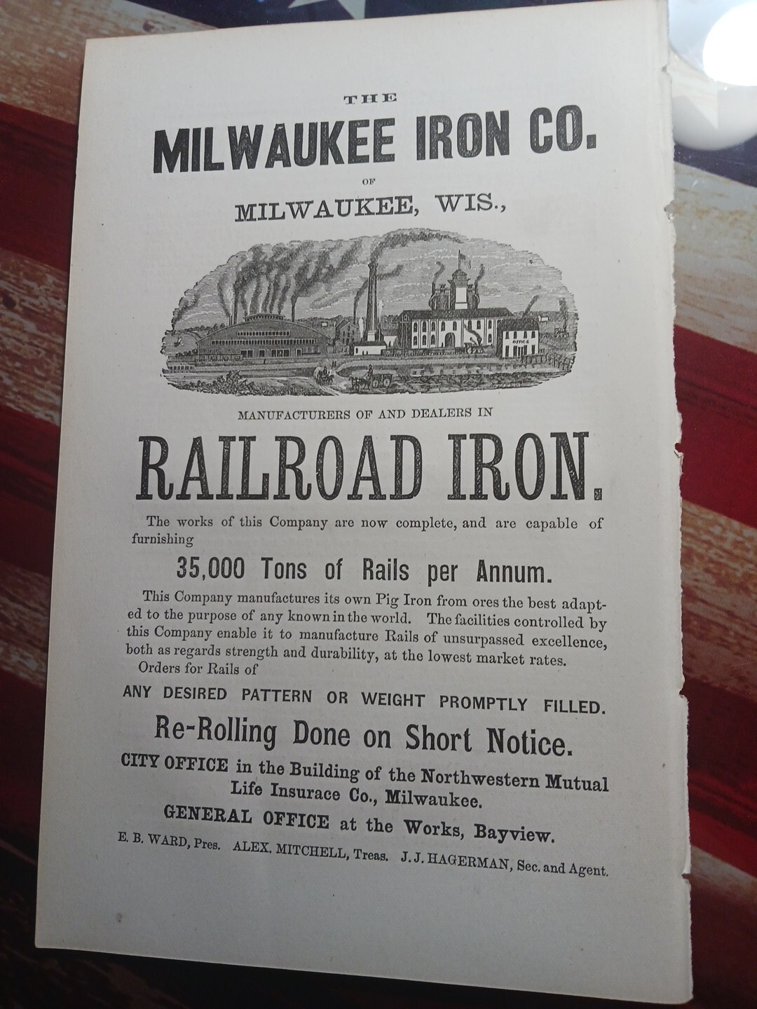 1872 Print Ad MILWAUKEE IRON COMPANY railroad Rails  Factory Picture Wisconsin 