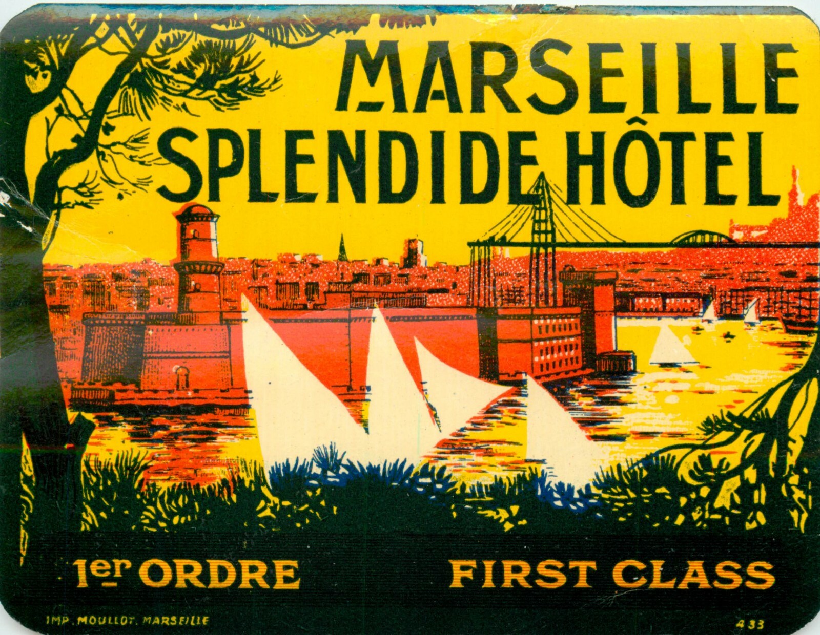 Splendide Hotel ~MARSEILLE FRANCE~ Vibrant Early Luggage Label, circa 1935