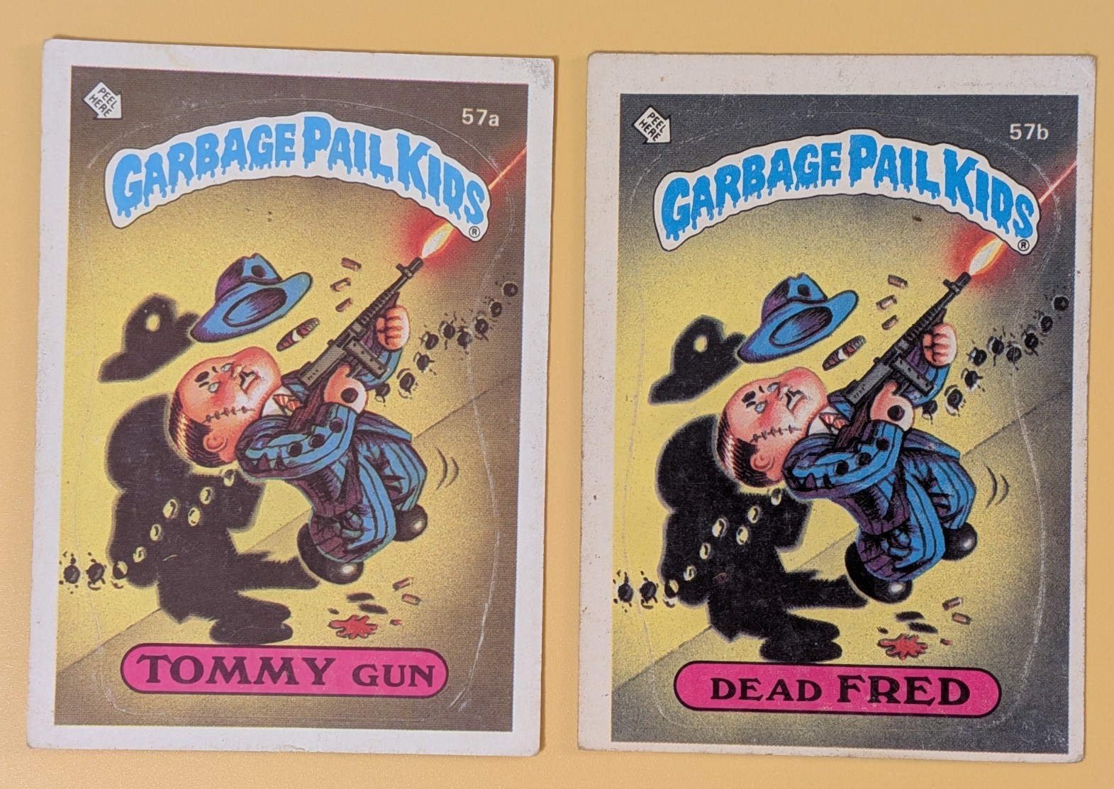 MULTI-ERROR Twin Set 1985 Garbage Pail Kids OS2 Tommy Gun #57a Dead Fred #57b