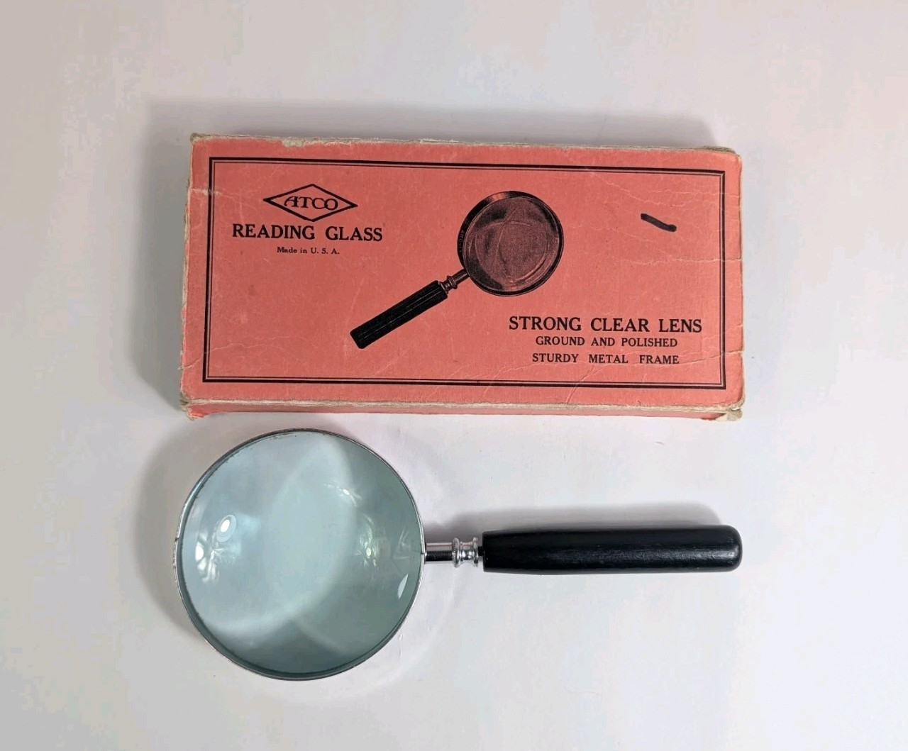 Vintage Atco Round Reading Glass Magnifying Lens Black Wood Handle With Box