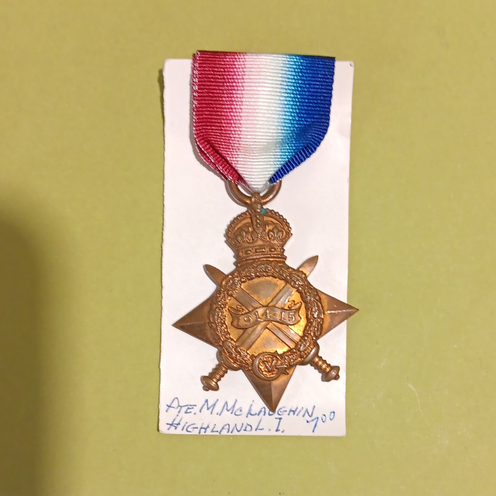 WWI British Original 1914-15 Star Medal w/ Ribbon to A.E. McLaughlin Highland