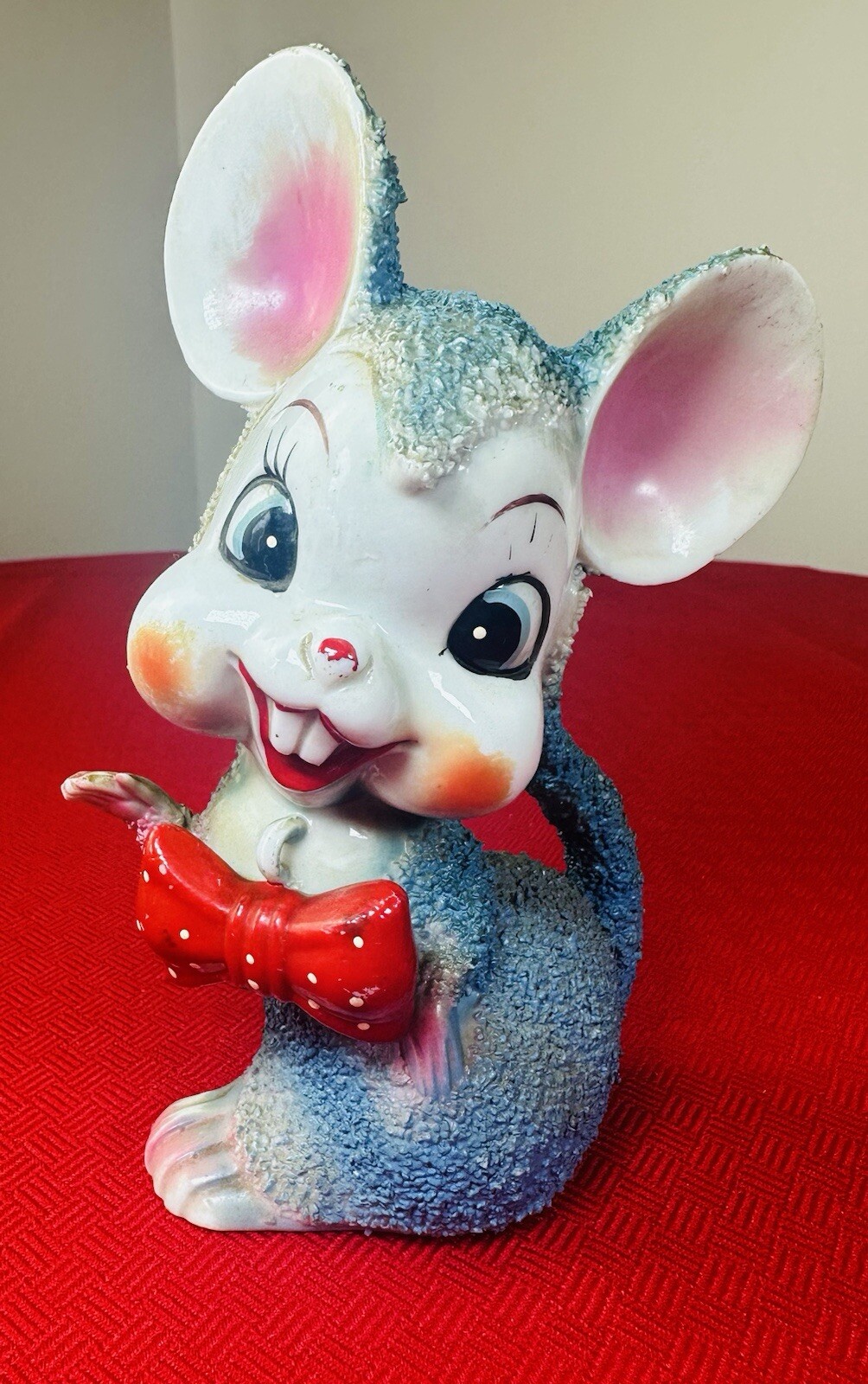 VTG Original Anthropomorphic Blue Sugar Glaze Mouse Red Bow Tie MCM Home Decor