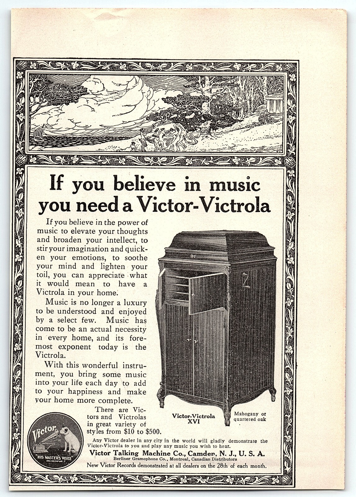 c1910 VICTOR TALKING MACHINE COMPANY HIS MASTERS VOICE MODEL XVI PRINT AD Z3545