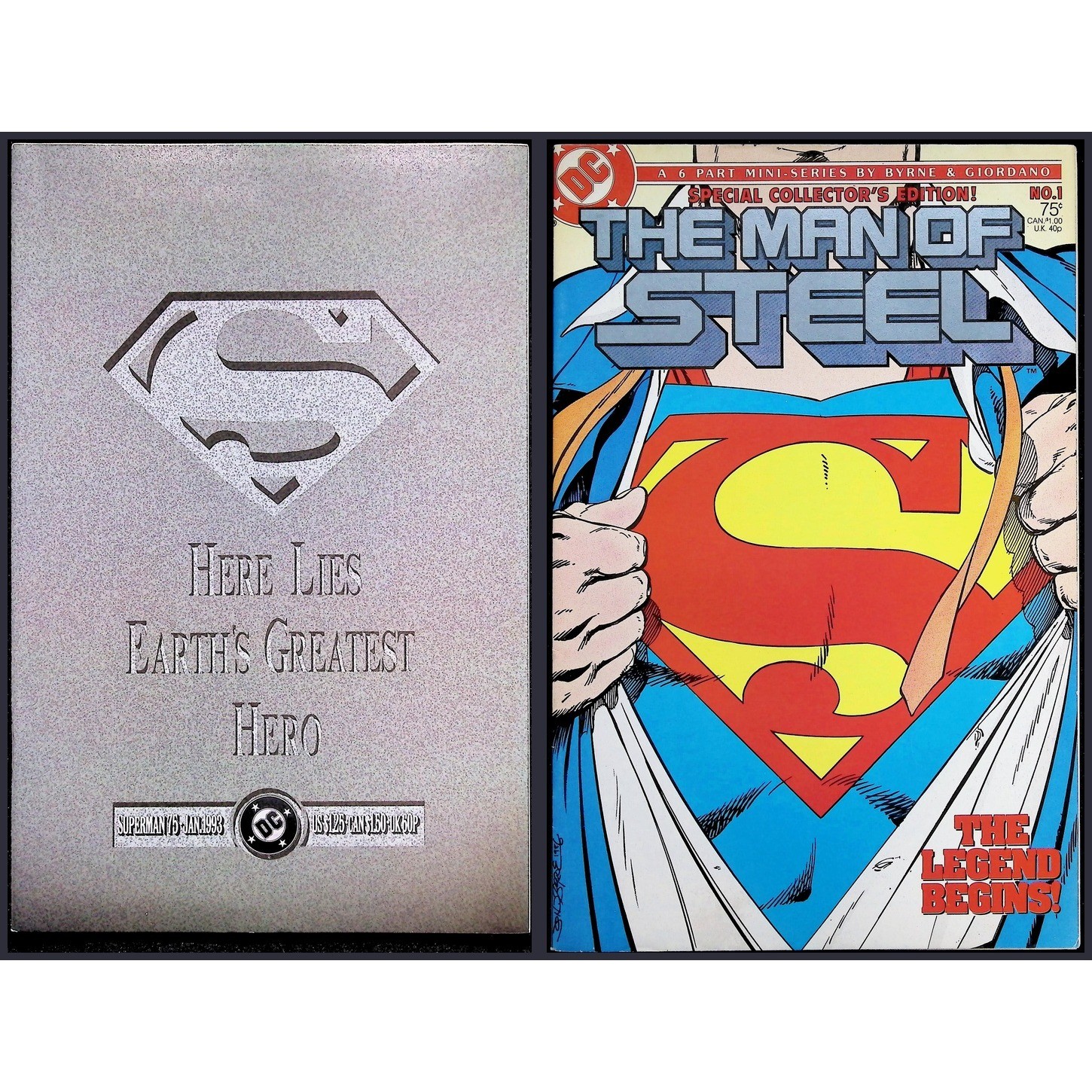 Superman 2X Comic Lot #75 Man of Steel #1B 1st Variant Cover DC
