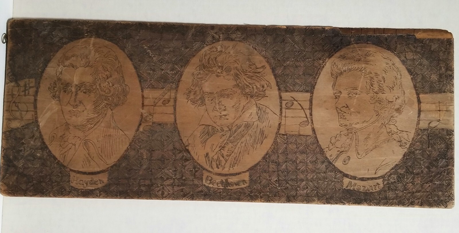 1880s MOZART BEETHOVEN Hand Engraved Pyrography ANTIQUE Artisan Wood Sign vtg