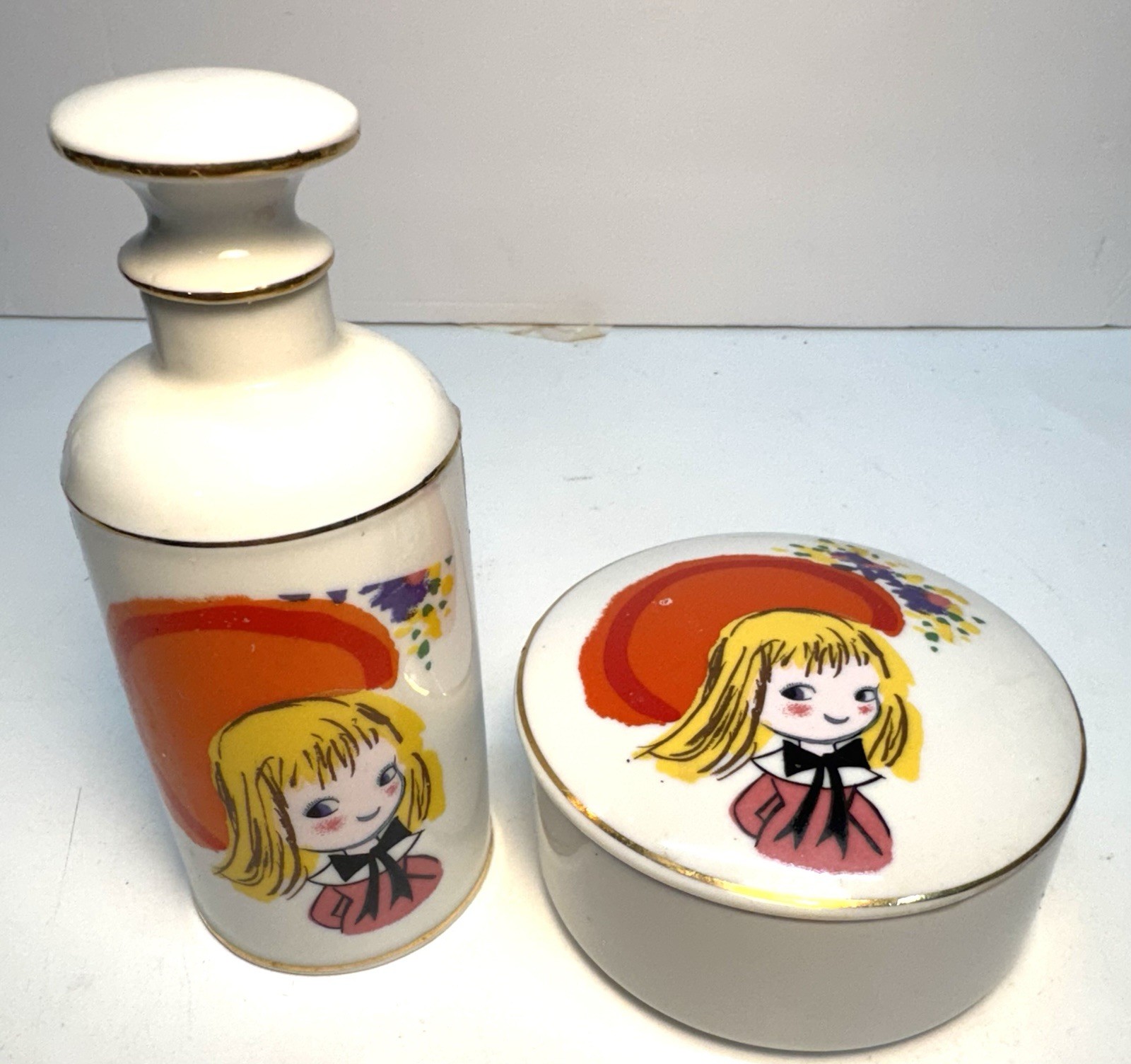 Vtg 1970's Ceramic Set Of 2 Lotion/shampoo Container & Trinket Box Japan