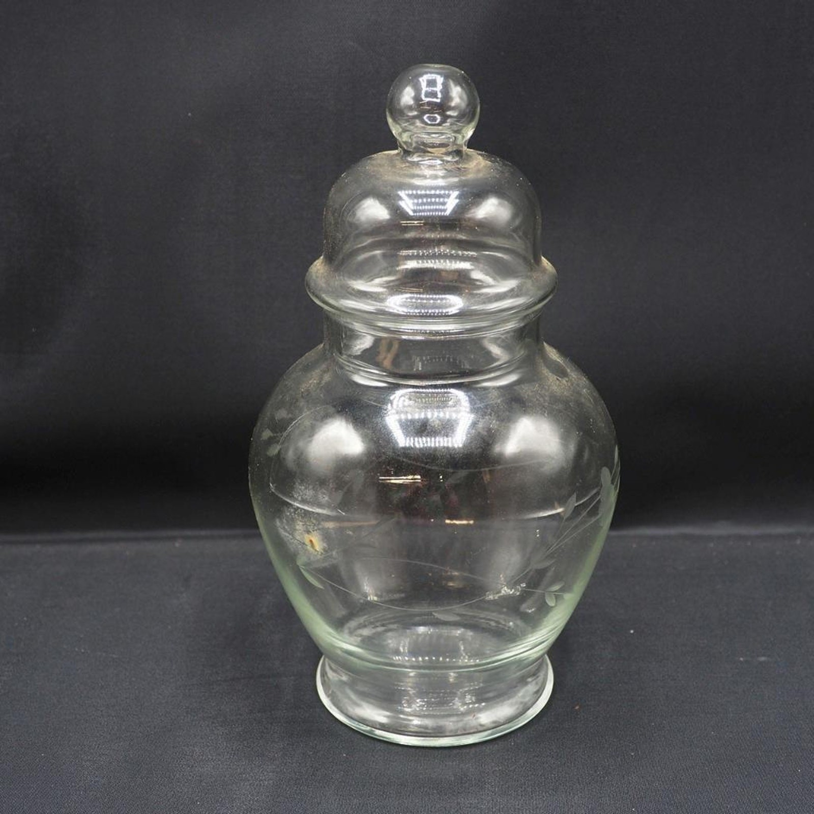 Clear Glass Lidded Jar Etched Mid Century Clear Glass Lidded Jar Etched Mid Century