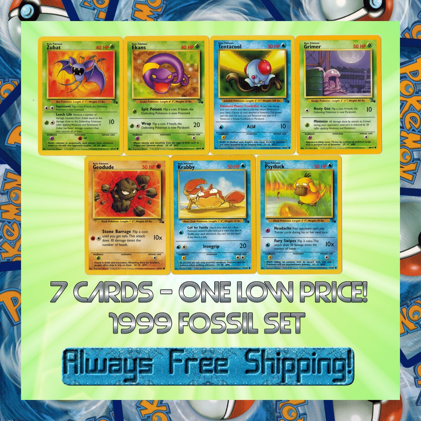1999 Pokemon Original Fossil Set -  7 Card Starter Collection - 