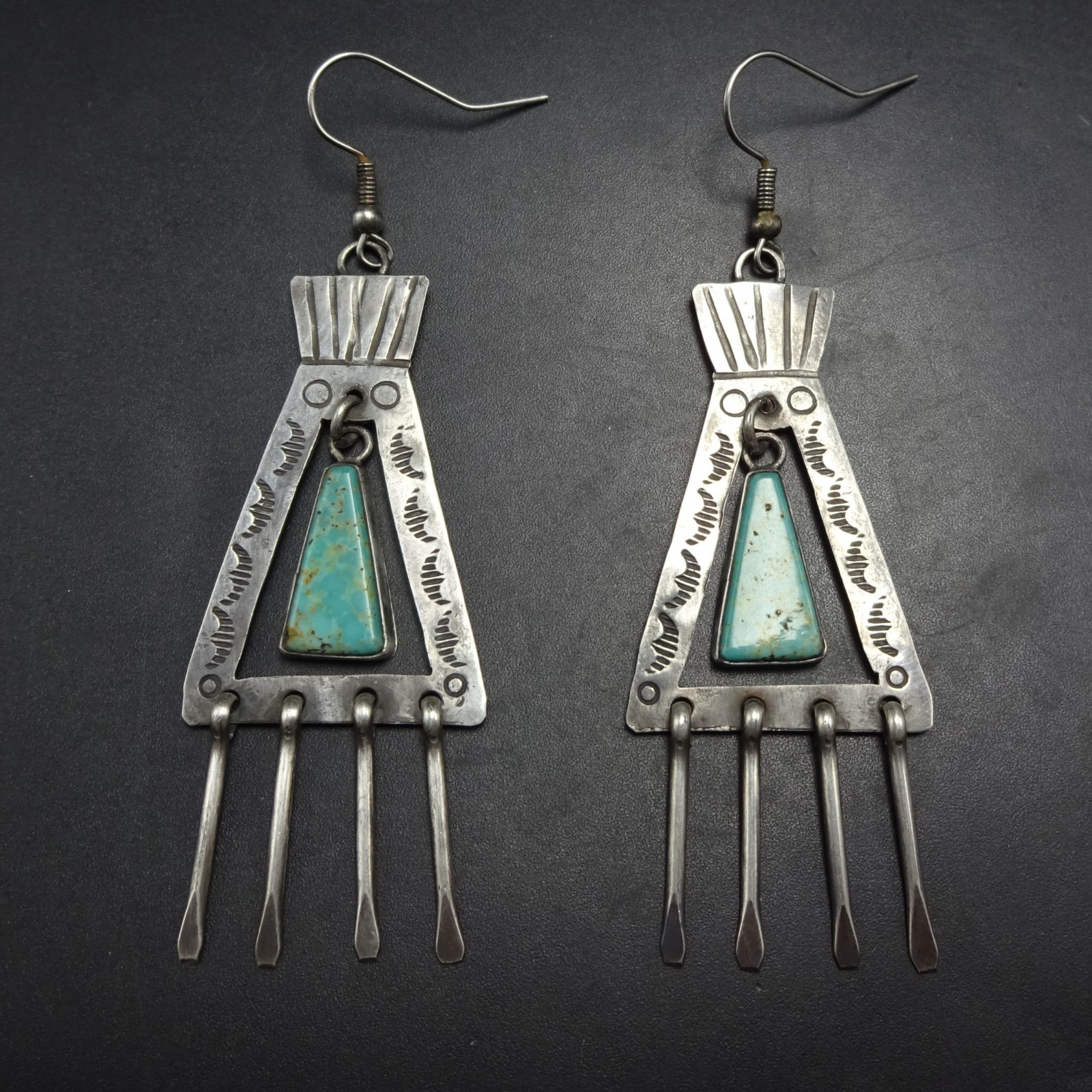 Old Style NAVAJO Hand Stamped Sterling Silver TURQUOISE EARRINGS Pierced Dangle