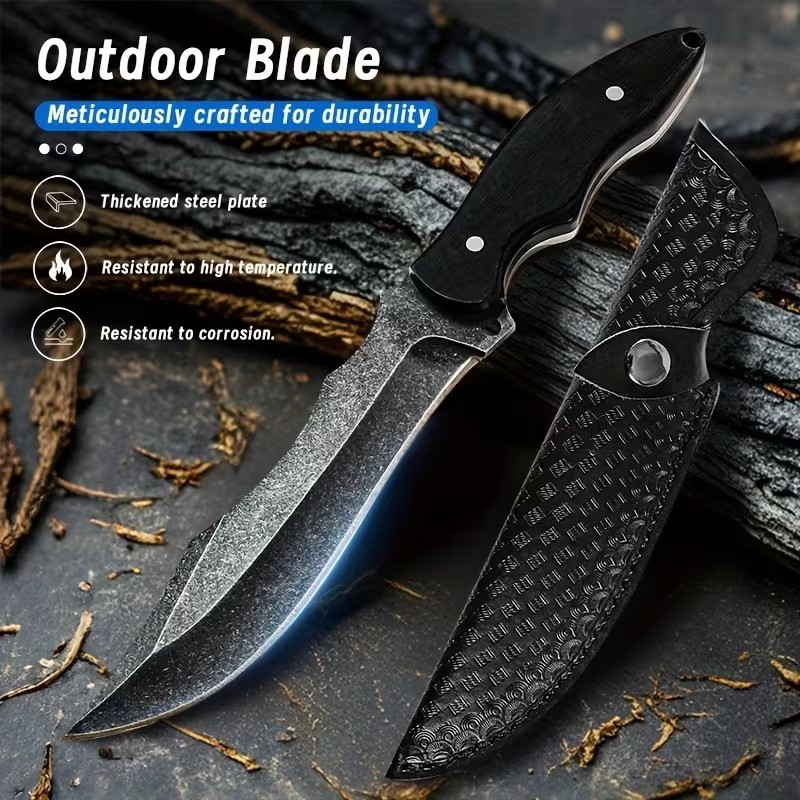 Durable Outdoor Straight Knife for Hunting And Camping, Featuring a Solid Wood H