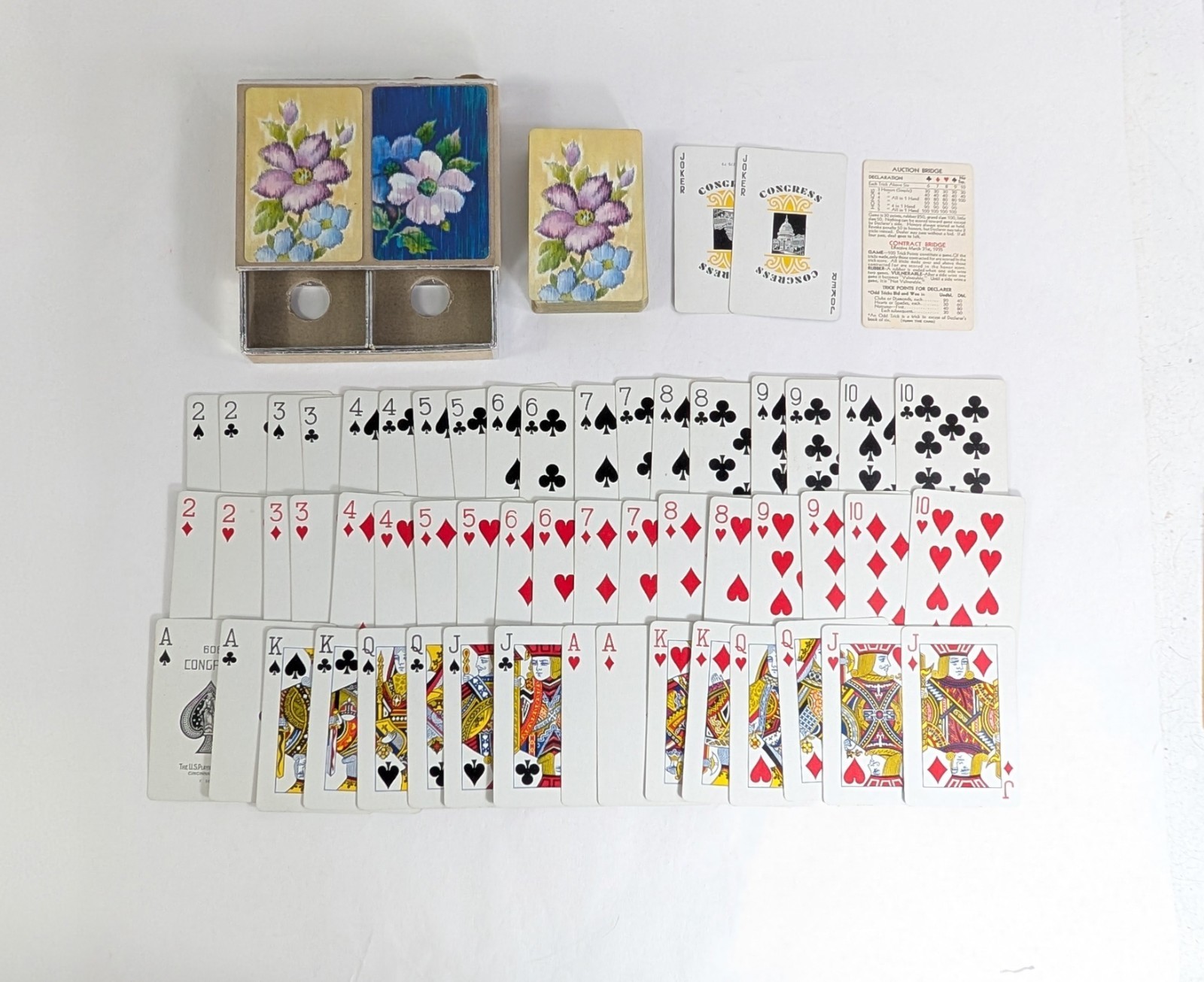 Vintage Double Deck Set Blue White Purple Flowers Congress Playing Cards Games