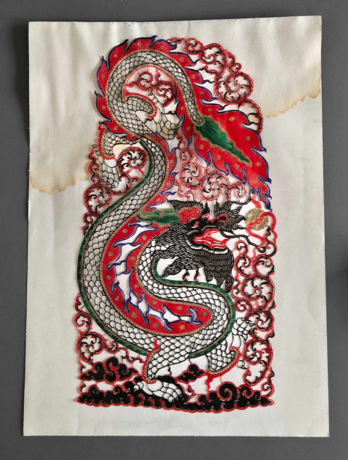 Large Hand Carved Thai Leather Dragon Panel Nang Yai Style Folk Art 19.5\