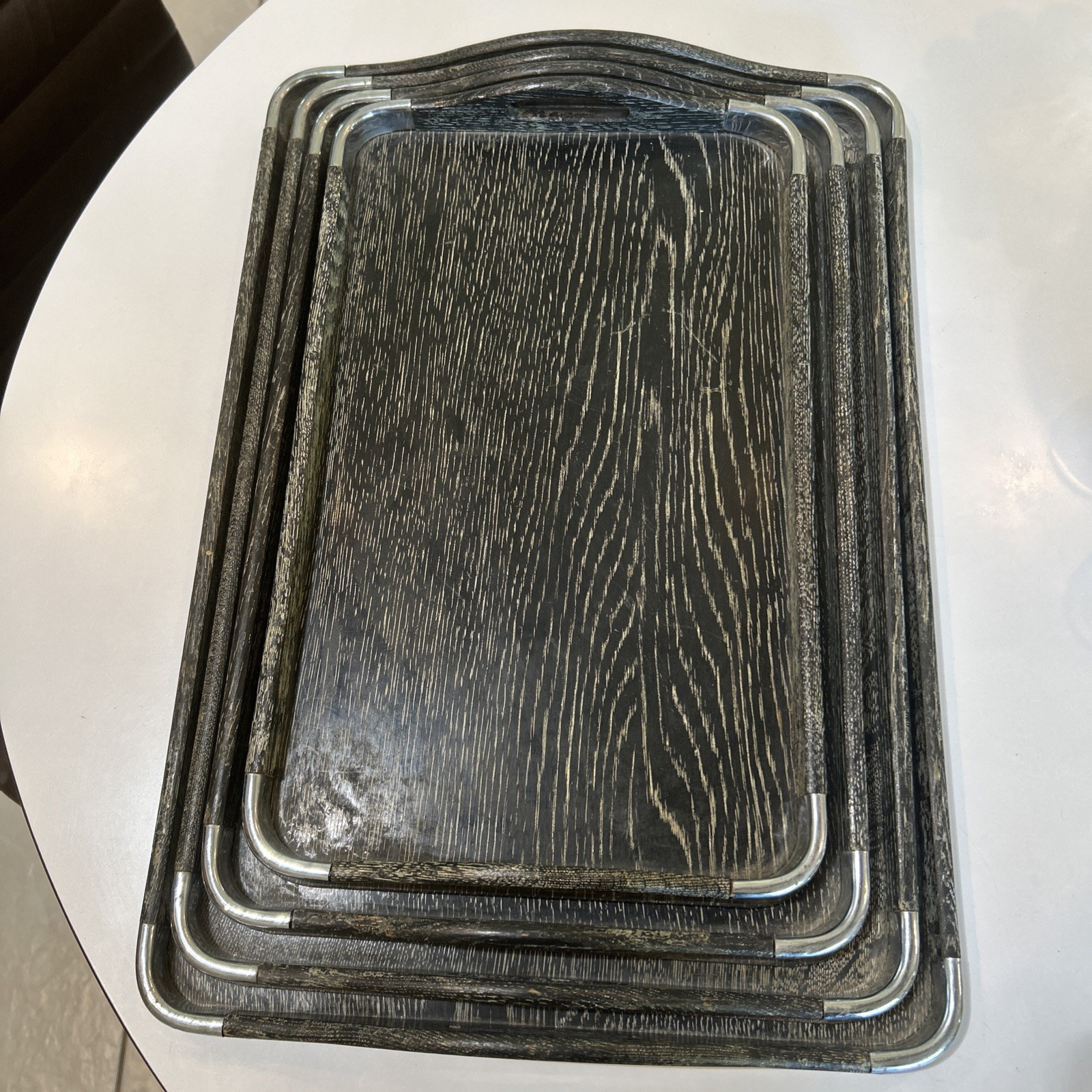 MCM Rare 4 Nasco Japan Ceruse Wood Chrome Nesting Trays WIW