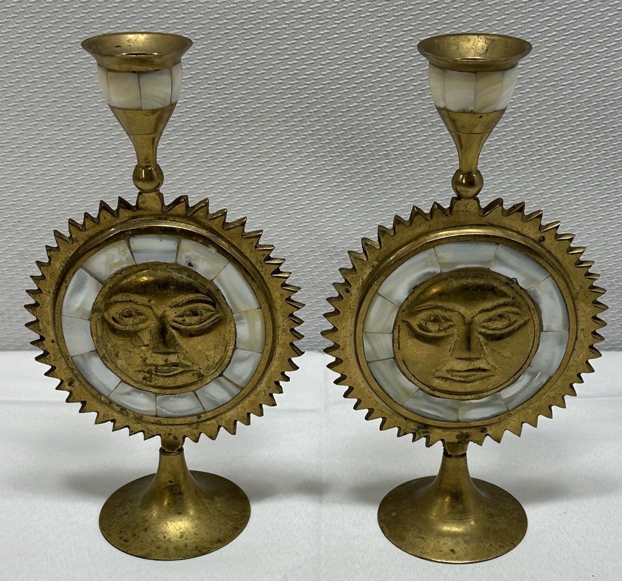 VTG (2) Sun Brass & Mother of Pearl Celestial Candle Holder Candlestick 7.5”