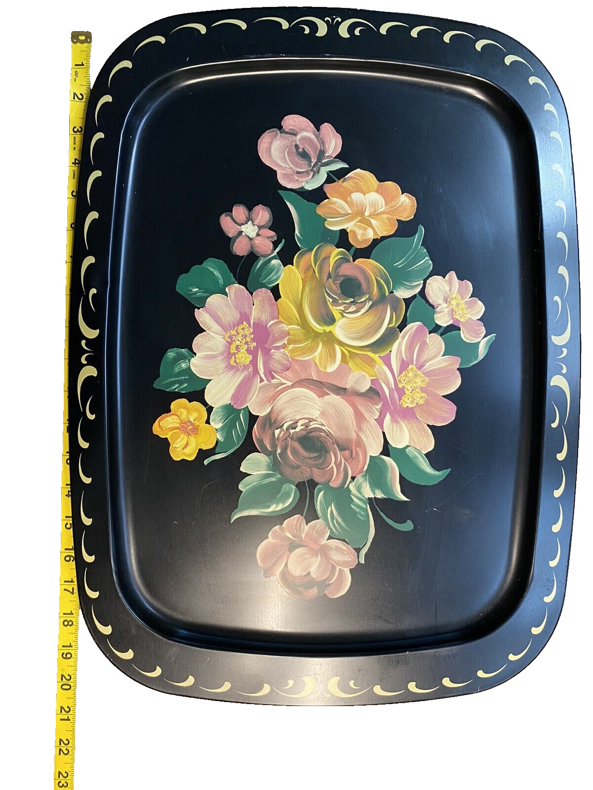 Toleware Tray Black Metal Hand Painted Floral 20x 15 Cottagecore VTG 50% off