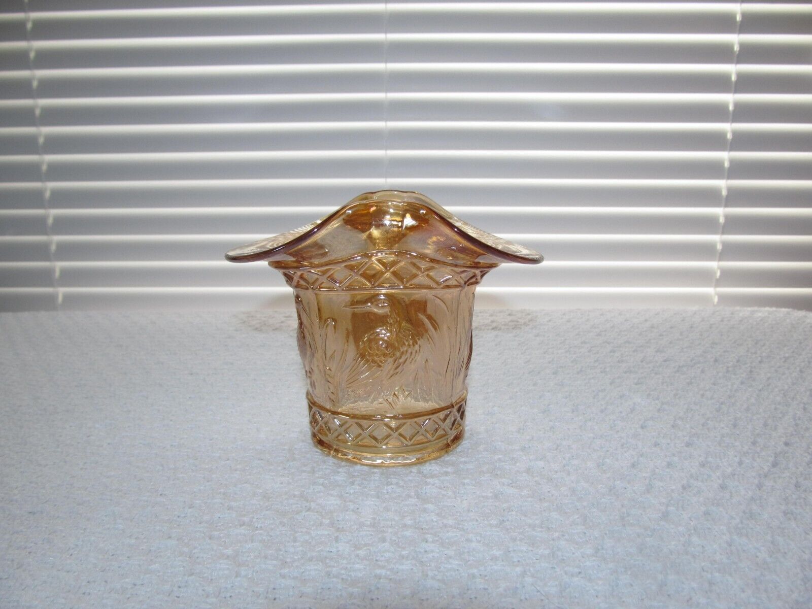 Vintage Dugan-Diamond Marigold Carnival Glass Stork and Rushes Hat Candleholder