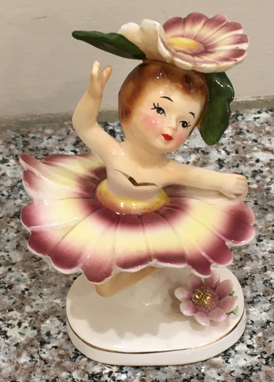 Rare Vintage 1957 Geo Z Lefton Yellow & Purple Flower Ballerina Girl 595
