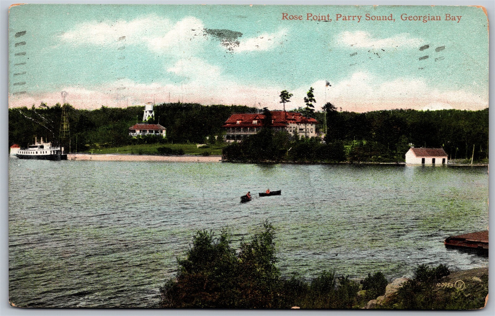 Postcard Parry Sound Ontario c1907 Rose Point Georgian Bay Steamer Canoes Tower Postcard Parry Sound Ontario c1907 Rose Point Georgian Bay Steamer Canoes Tower