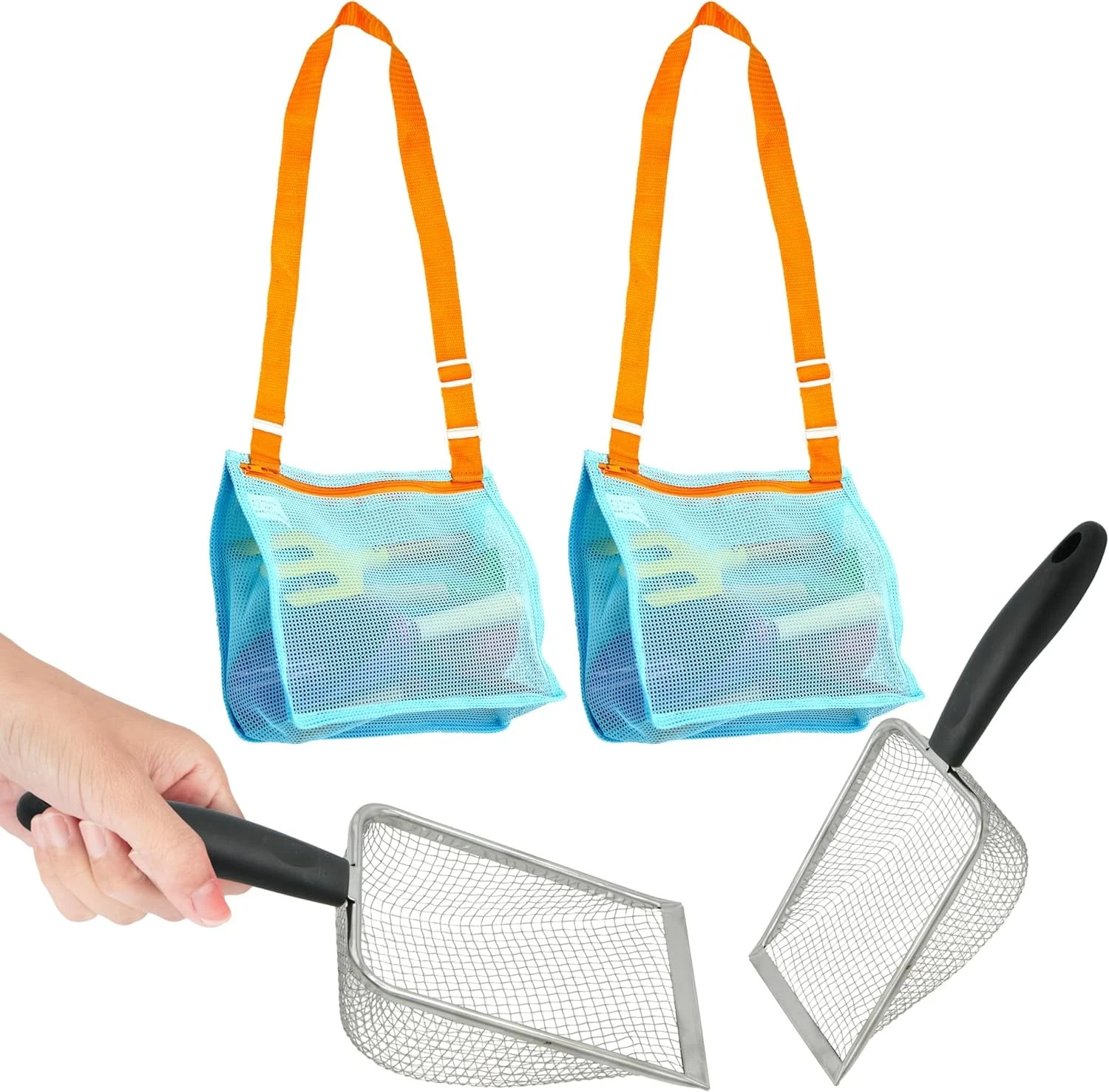 2X Shark Tooth Sifter for Beach with 2X Small Mesh Beach Bag for Shell Collectin 2X Shark Tooth Sifter for Beach with 2X Small Mesh Beach Bag for Shell Collectin