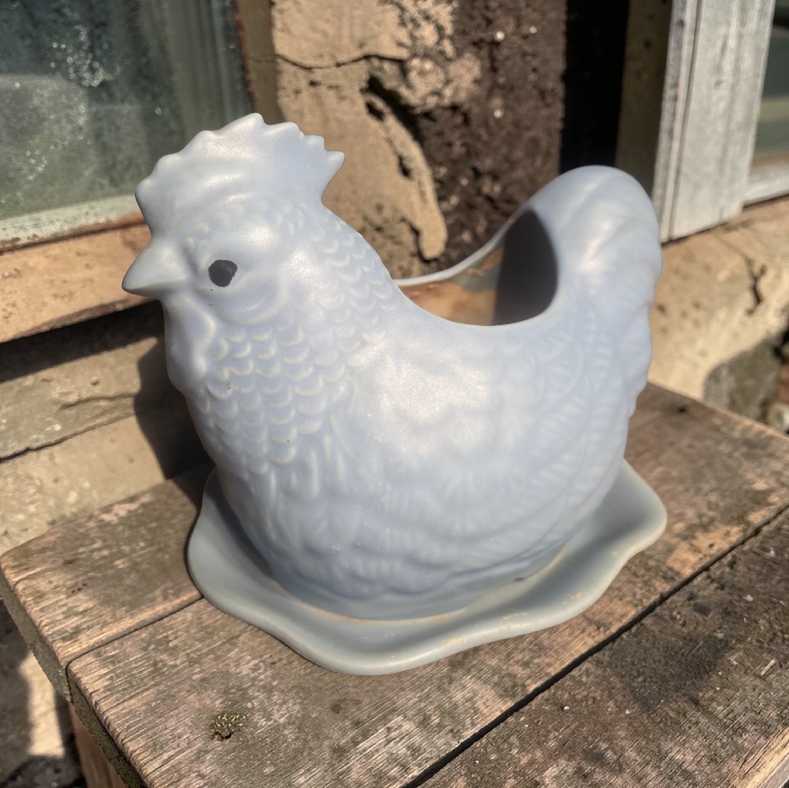 Vtg CDP Blue Hen Planter White Pottery Handcrafted 6x7 Attached Saucer Farmhouse