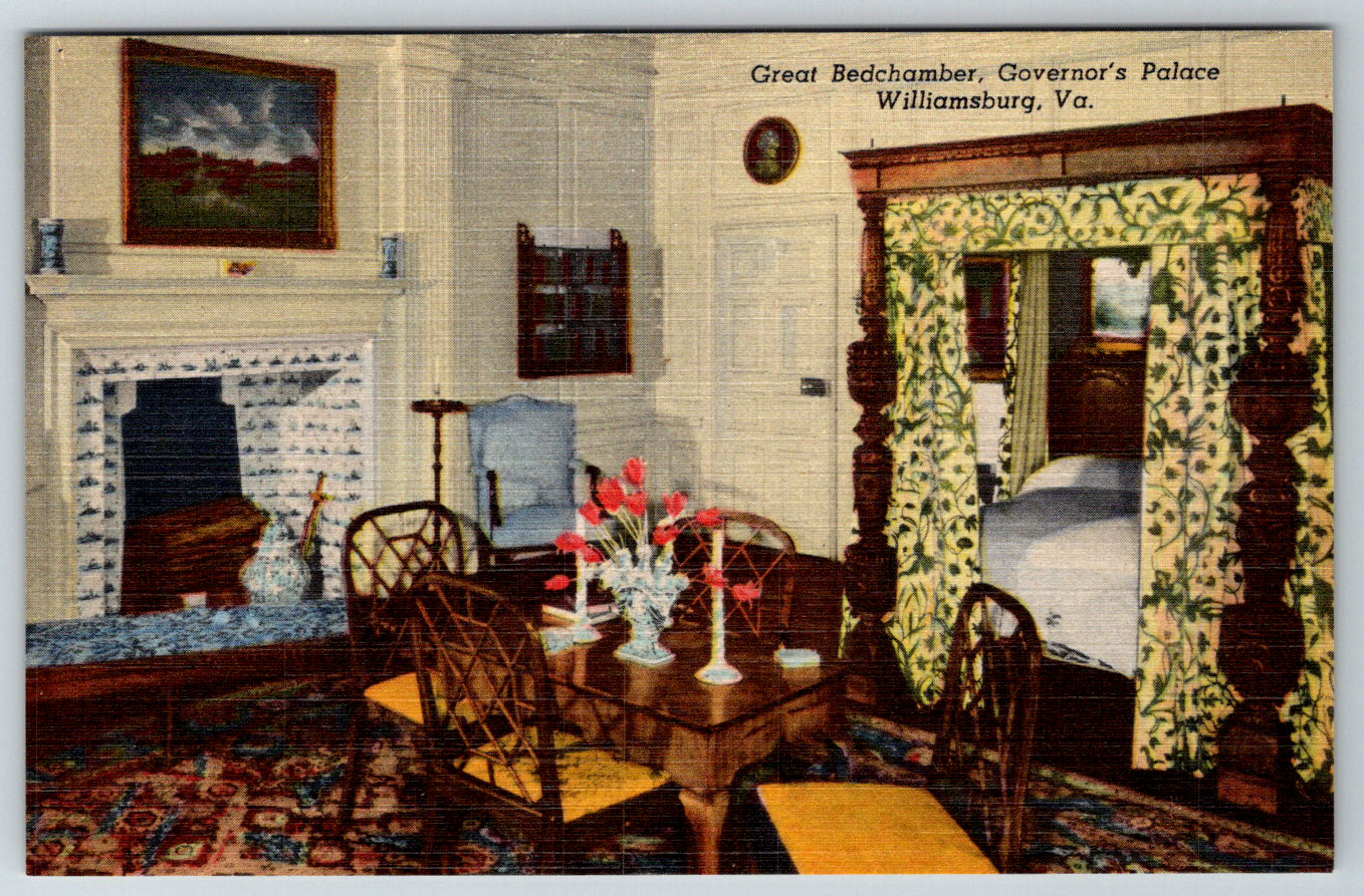 c1940s Great Bedchamber Governor's Palace Williamsburg VA Postcard Linen