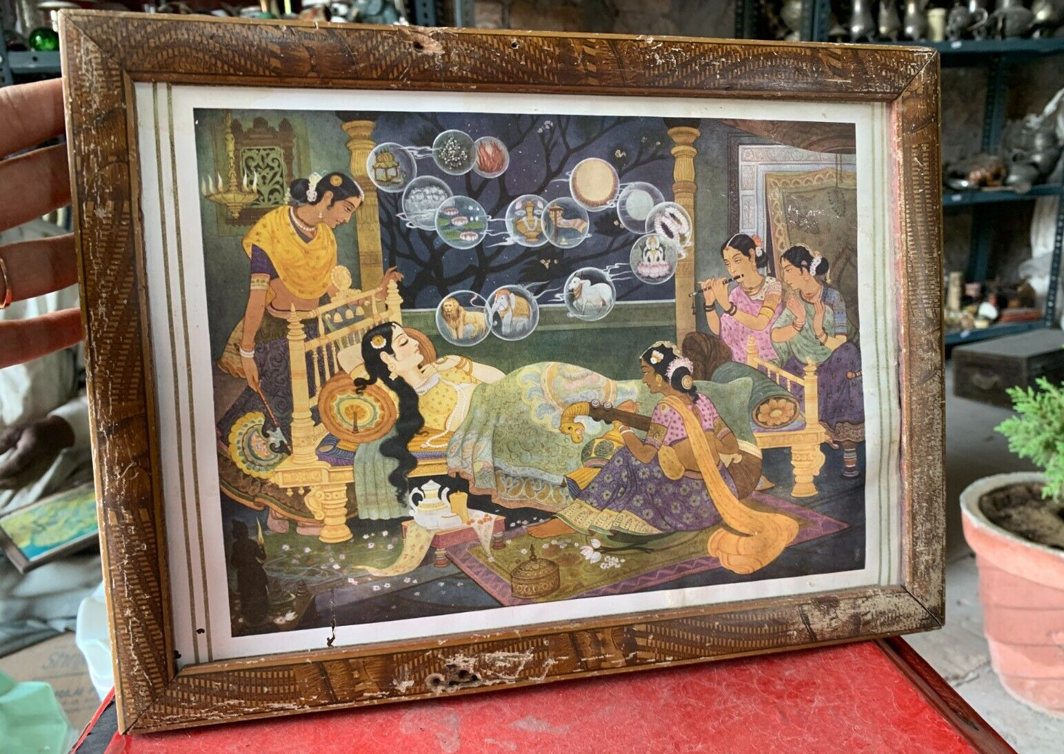 Antique Rare Painting Lithograph Print Of '16 Dreams of Mother Trishala' Framed