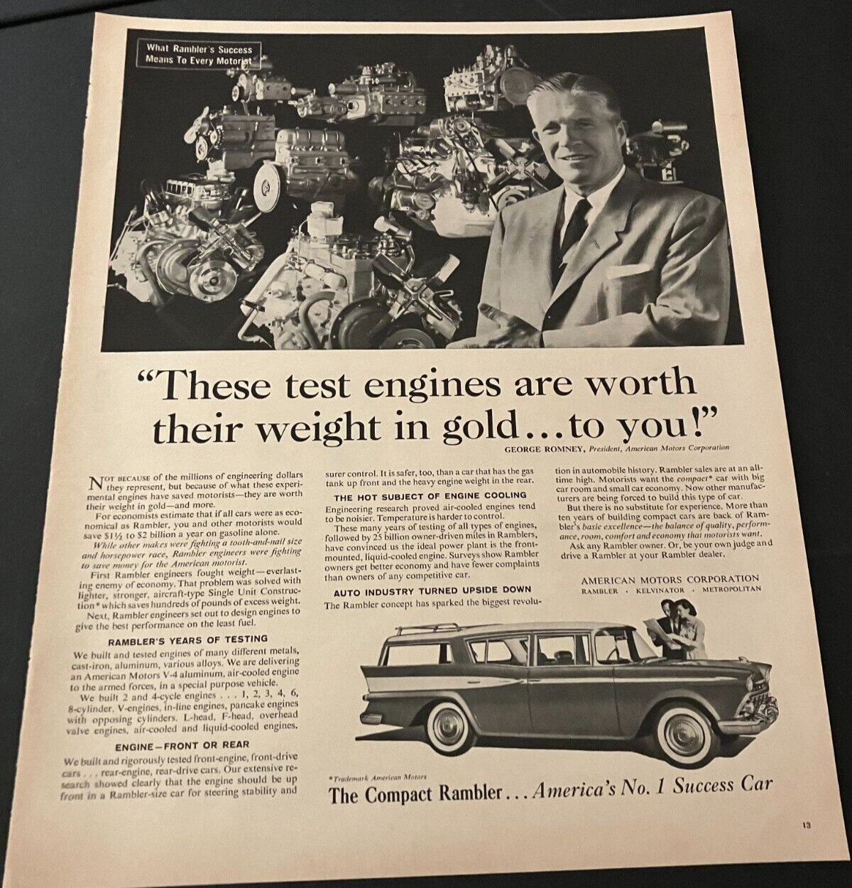 1950s AMC Rambler Test Engines - Vintage Original Print Ad / Wall Art - CLEAN
