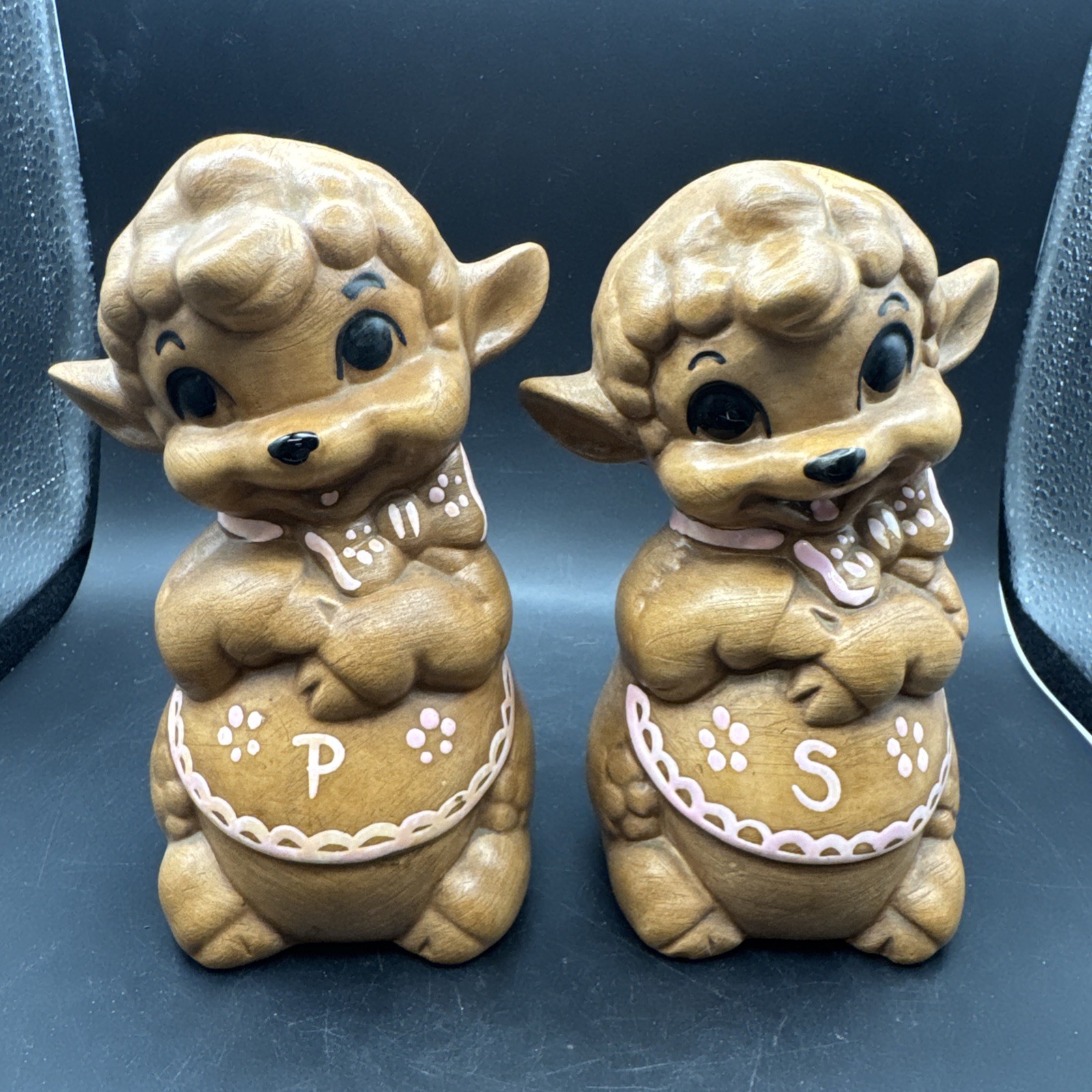 Vintage Anthropomorphic Twin Lamb Salt & Pepper Shakers Brown And Pink MCM
